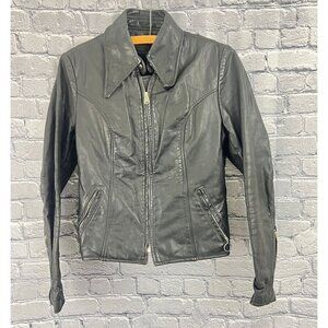 Vintage Brooks Leather Sportswear  Black  Motorcycle Cafe Racer Jacket 32 Womens